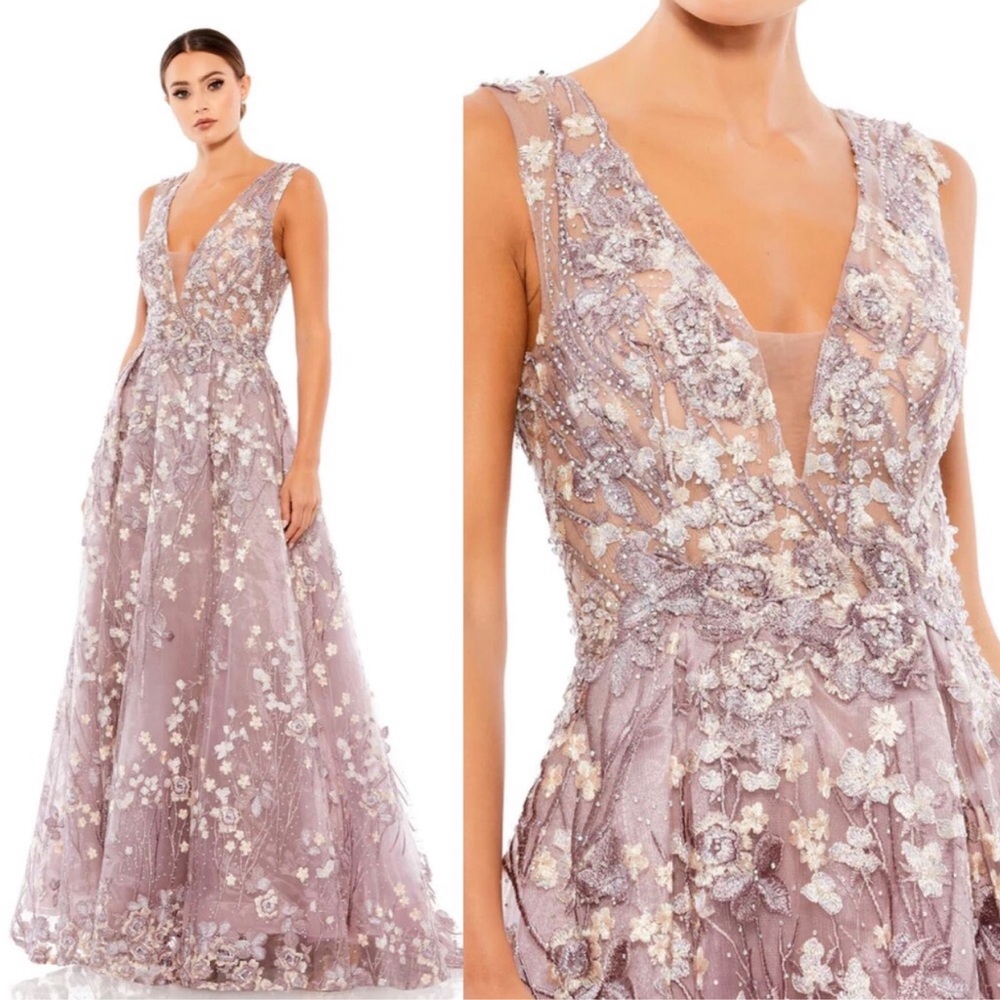 Mac Duggal Floral Embroidered illusion v neck Gown